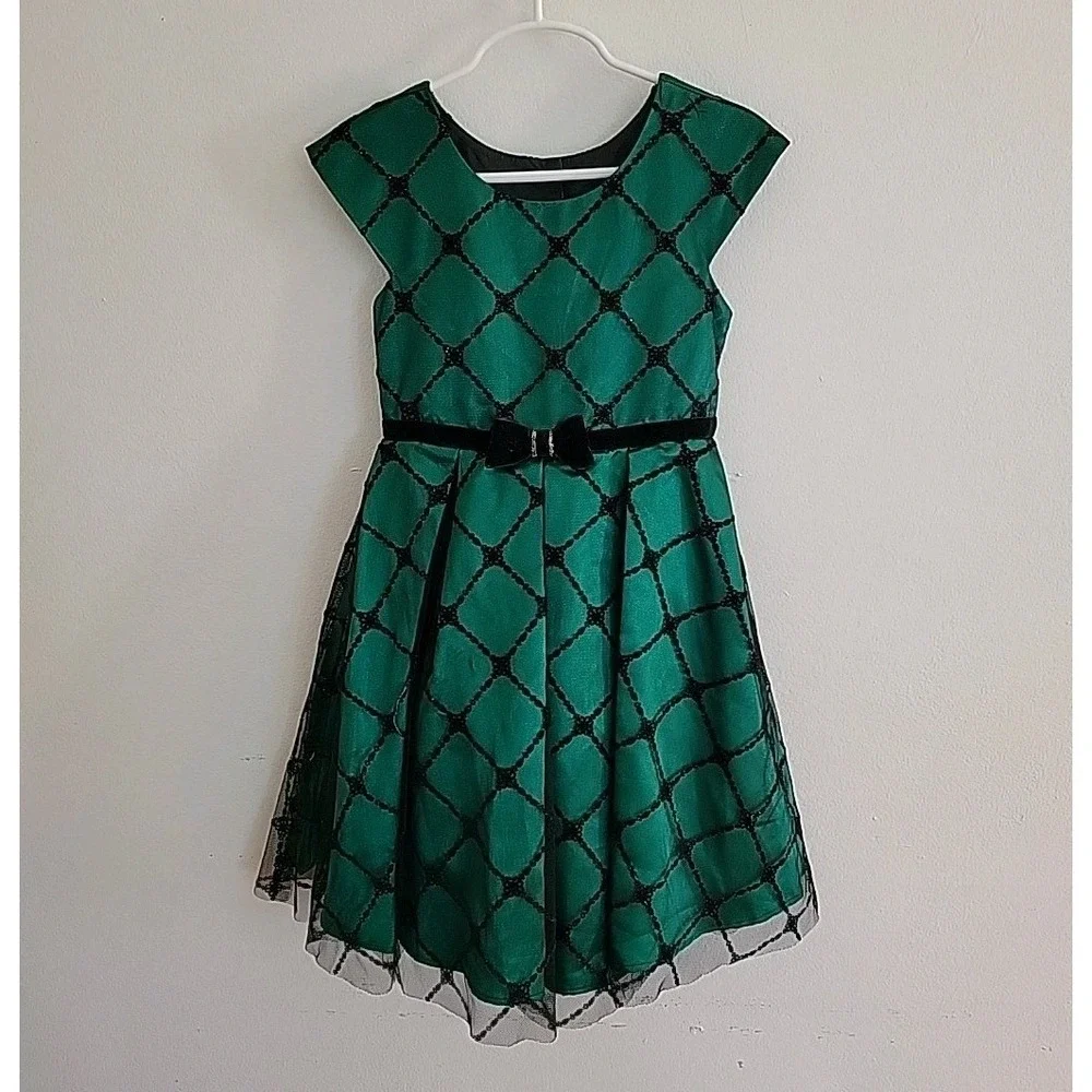 Jona Michelle Girls Dress 5 Emerald Green Satin Black Mesh Festive Holiday Party